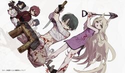 Rule 34 | 2boys, 4girls, animal ears, bandaged arm, bandaged chest, bandages, black hair, blonde hair, blood, blood on chest, blood on clothes, blood on hands, blush, blush stickers, braid, braided ponytail, brown eyes, brown pants, character request, china dress, chinese clothes, clenched teeth, commentary request, copyright request, corpse, cropped shirt, curtained hair, derivative work, double bun, dress, dutch angle, expressionless, fox ears, green hair, grimace, hair bun, half-closed eyes, hand up, highres, holding, holding shovel, holding sword, holding tray, holding weapon, indian style, jihecchi, korean commentary, long hair, long sleeves, multiple boys, multiple girls, nervous sweating, ofuda, ofuda on head, open mouth, pants, parody, people, peril, red hair, sayonara zetsubou sensei, seiza, seppuku, shaded face, shirt, short braid, short dress, short hair, shovel, side slit, silhouette, simple background, single blush sticker, sitting, skirt, sleeveless, sleeveless dress, sleeveless shirt, sleeves past fingers, sleeves past wrists, smile, sweat, sword, teeth, translation request, tray, v-shaped eyebrows, very long hair, weapon, white background, white pants, white skirt, yellow eyes