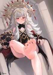 Rule 34 | 1girl, absurdres, bad anatomy, bare legs, barefoot, book, closed mouth, crown, dress, feet, fire emblem, fire emblem heroes, foot focus, grey hair, hair ornament, highres, holding, holding book, long hair, nintendo, norza, petite, red eyes, sitting, soles, solo, throne, toes, veronica (fire emblem)