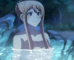 Rule 34 | 1girl, blonde hair, blush, breasts, floating breasts, highres, kujou shion, large breasts, long hair, nude, partially submerged, purple eyes, smile, solo, sounan desuka?, stitched, third-party edit, water