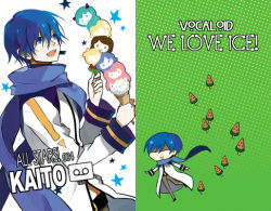Rule 34 | 1boy, blue eyes, blue hair, blue scarf, chibi, dual persona, food, headset, ice cream, kaito (vocaloid), male focus, matching hair/eyes, popsicle, scarf, smile, solo, star (symbol), starshadowmagician, vocaloid, watermelon bar