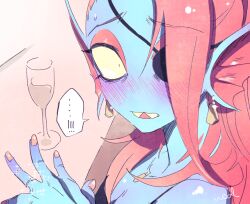 Rule 34 | !, ..., 1girl, black dress, blue skin, blush, close-up, colored sclera, colored skin, commentary request, cup, dress, drinking glass, earrings, eyepatch, fins, head fins, highres, jewelry, long hair, looking at viewer, monster girl, necklace, noah (tettsui-sole), ponytail, red hair, ring, sharp teeth, signature, slit pupils, solo, sparkle, spoken ellipsis, spoken exclamation mark, sweatdrop, teeth, undertale, undyne, wine glass, yellow sclera, yellow teeth