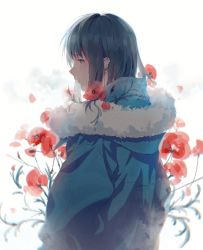 Rule 34 | 1girl, arm at side, black hair, blue coat, blue eyes, breath, coat, e-ma (pixiv6933729), earrings, expressionless, floral background, flower, from side, fur-trimmed hood, fur trim, fur trimm, hood, hood down, hooded coat, jewelry, looking to the side, medium hair, original, poppy (flower), profile, solo, upper body, white background, winter clothes, winter coat