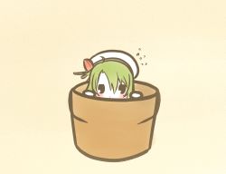 Rule 34 | 1girl, :&lt;, beige background, blush, chibi, commentary request, flower knight girl, flower pot, flying sweatdrops, green hair, hair between eyes, hat, in container, jitome, koti, looking at viewer, partial commentary, saboten (flower knight girl), short hair, solid oval eyes, solo, white hat