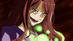 Rule 34 | 1girl, brown background, brown eyes, brown hair, commentary request, dress, energy, energy ball, evil smile, hand up, long hair, lower teeth only, mugino shizuri, open mouth, plasma, psychic, purple dress, scene reference, smile, solo, teeth, toaru kagaku no railgun, toaru kagaku no railgun s, toaru majutsu no index, toberux, tongue, v-shaped eyebrows