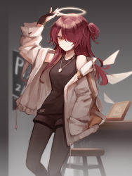 Rule 34 | 1girl, alternate hair length, alternate hairstyle, arknights, arm up, black pantyhose, black shirt, black shorts, cameo, commentary request, detached wings, energy wings, exusiai (arknights), feet out of frame, fingerless gloves, gloves, hair over one eye, halo, hand in pocket, highres, jacket, pantyhose under shorts, looking at viewer, open clothes, open jacket, orange eyes, pantyhose, red hair, renren, shirt, shorts, sleeveless, sleeveless shirt, smile, solo, stool, emperor (arknights), weibo watermark, white jacket, wings