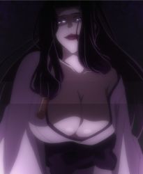 Rule 34 | 1girl, black hair, brave 10, breasts, cleavage, corset, female focus, highres, kaiyo (brave 10), large breasts, lipstick, long hair, makeup, okatsu, purple eyes, red lips, screencap, solo, stitched, third-party edit