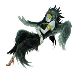 Rule 34 | 1girl, armlet, black hair, black wings, bracelet, chinchira, colored sclera, crossed arms, duel monster, fabled grimro, feathers, green eyes, high heels, jewelry, long hair, lots of jewelry, multicolored eyes, pointy ears, red sclera, shoes, simple background, solo, white background, wings, yu-gi-oh!