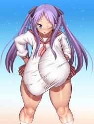 Rule 34 | 1girl, absurdres, alternate breast size, blush, breasts, female focus, gigantic breasts, hair ribbon, hanging breasts, highres, hiiragi kagami, leaning forward, long hair, looking at viewer, lucky star, one eye closed, open mouth, purple eyes, purple hair, ribbon, school uniform, solo, standing, thick thighs, thighs, tsurime, twintails, ponkotsu (robolobo4956)