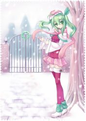 Rule 34 | 1girl, ahoge, border, christmas, fading border, gate, green dam, green eyes, green hair, hair ornament, hat, highres, holly, holly hair ornament, leaf, leg warmers, long hair, matching hair/eyes, no nose, original, os-tan, personification, pink thighhighs, scarf, silversirius, snow, snowing, solo, thighhighs, tree, twintails
