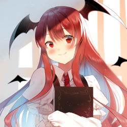 Rule 34 | 1girl, blue hair, blush, book, closed mouth, collared shirt, commentary request, demon girl, detached wings, frilled sleeves, frills, head wings, highres, holding, holding book, jiji (381134808), koakuma, long sleeves, looking at viewer, multicolored hair, necktie, puffy long sleeves, puffy sleeves, red eyes, red hair, red necktie, shirt, sidelocks, sleeves past fingers, sleeves past wrists, smile, solo, touhou, two-tone hair, upper body, wing collar, wings