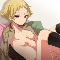 Rule 34 | 1girl, black footwear, blonde hair, boots, breasts, brown eyes, brown jacket, closed mouth, covering privates, covering crotch, erwin (girls und panzer), female focus, girls und panzer, half-closed eyes, jacket, jacket on shoulders, legs up, light frown, looking at viewer, lying, medium breasts, naked jacket, nipples, nude, on back, pillow, pointy hair, shinaso (sachi-machi), short hair, solo, sonasiz