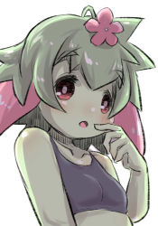 Rule 34 | 1girl, :o, bad id, bad pixiv id, bare arms, bare shoulders, black tank top, blush, breasts, collarbone, colored skin, crop top, finger to mouth, flower, green hair, green skin, hair flower, hair ornament, hand up, looking at viewer, monster girl, original, parted lips, pink flower, plant girl, red eyes, simple background, small breasts, solo, tank top, u-non (annon&#039;an), upper body, white background