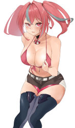 Rule 34 | 1girl, absurdres, azur lane, bare shoulders, belt, bikini, bikini tug, black choker, black shorts, blue thighhighs, blush, breasts, bremerton (azur lane), choker, cleavage, collarbone, commentary request, cowboy shot, cutoffs, foreshortening, front-tie bikini top, front-tie top, grey belt, grey hair, grey thighhighs, groin, hair between eyes, hair intakes, hair tie, highleg, highleg bikini, highres, invisible chair, kitajii, knees together feet apart, large breasts, lifebuoy ornament, long hair, looking at viewer, mole, mole on breast, mole under eye, multicolored hair, navel, navel piercing, no jacket, no shirt, parted lips, piercing, pink bikini, pink eyes, pink hair, short shorts, shorts, sidelocks, simple background, sitting, skindentation, smile, solo, stomach, streaked hair, swimsuit, thigh strap, thighhighs, twintails, two-tone hair, two-tone legwear, white background