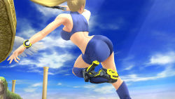 Rule 34 | 1girl, ass, back, bare arms, bare shoulders, blonde hair, breasts, gun, high heels, highres, hip focus, holding, holding gun, holding weapon, huge ass, legs, long hair, metroid, nintendo, ponytail, samus aran, shorts, solo, super smash bros., thick thighs, thighs, weapon, wide hips