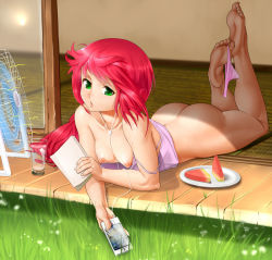 Rule 34 | 1girl, ass, barefoot, between toes, book, bored, bottomless, camisole, cellphone, cup, drink, earbuds, earphones, electric fan, elise alkenridge, feet, flat chest, food, forever&#039;s end, fruit, grass, green eyes, headphones, hot, huge ass, iphone, kairunoburogu, long hair, lying, nipples, on stomach, panties, panties around leg, panties around toe, phone, pink panties, plate, puffy nipples, red hair, reflection, smartphone, soles, solo, strap slip, sun, sweat, tank top, the pose, thick thighs, thighs, toes, underwear, underwear only, watermelon