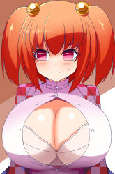 Rule 34 | 1girl, alternate breast size, bell, breasts, checkered clothes, checkered shirt, cleavage, cleavage cutout, clothing cutout, gero zoukin, hair bell, hair ornament, highres, huge breasts, motoori kosuzu, orange hair, red eyes, shirt, short hair, solo, touhou, twintails, two side up, wardrobe malfunction