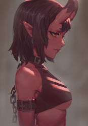 Rule 34 | 1girl, arm belt, bare shoulders, belt collar, breasts, brown hair, chain, closed mouth, collar, colored skin, crop top, earrings, from side, grey background, horns, jewelry, kidouko (zakusi), medium breasts, oni, original, pointy ears, profile, red oni, red skin, short hair, solo, yellow eyes, zakusi
