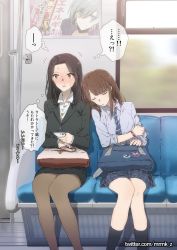 Rule 34 | age difference, bag, black hair, blush, brown hair, cellphone, flying sweatdrops, handbag, highres, leaning on person, leaning to the side, multiple girls, muromaki, necktie, office lady, original, pantyhose, phone, poster (object), school uniform, short hair, sitting, skirt, sleeping, sleeves rolled up, smartphone, sweat, train, train interior, translated, yuri
