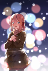 Rule 34 | 1girl, blurry, bokeh, brown eyes, brown hair, casual, coat, depth of field, hair ornament, hair ribbon, hika (ozeluk), looking at viewer, open mouth, original, own hands together, ribbon, scarf, solo