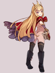 Rule 34 | 1girl, ass, back, black hair, blonde hair, book, boots, bracer, cagliostro (granblue fantasy), clarisse (granblue fantasy), clarisse (granblue fantasy) (cosplay), cosplay, crown, full body, granblue fantasy, grey background, grin, highres, long hair, looking at viewer, looking back, maze (gochama ze gohan), naked cape, no pussy, purple eyes, simple background, smile, solo, teeth, thighhighs