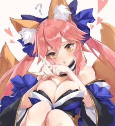 Rule 34 | 10s, 1girl, ?, animal ear fluff, animal ears, areola slip, blue kimono, blue ribbon, blush, breasts, choker, cleavage, commentary request, detached sleeves, fang, fate/extra, fate/extra ccc, fate (series), fox ears, fox shadow puppet, fox tail, hair between eyes, hair ribbon, head tilt, heart, highres, japanese clothes, kimono, large breasts, long hair, long sleeves, looking at viewer, mhk (mechamania), obi, parted lips, penetration gesture, pink hair, ribbon, sash, simple background, sitting, solo, tail, tamamo (fate), tamamo no mae (fate/extra), twintails, white background, wide sleeves