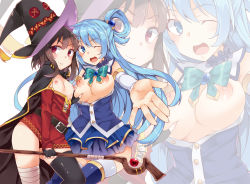 Rule 34 | 10s, 2girls, :d, aqua (konosuba), bandaged leg, bandages, belt, black legwear, blue eyes, blue footwear, blue hair, boots, bow, grabbing another&#039;s breast, breasts, breasts out, brown hair, cape, detached sleeves, dress, fingerless gloves, foreshortening, gloves, grabbing, hair bobbles, hair ornament, hair rings, hat, kono subarashii sekai ni shukufuku wo!, large breasts, long hair, looking at viewer, megumin, multiple girls, nipples, open mouth, outstretched arm, red eyes, short hair, single thighhigh, skirt, small breasts, smile, staff, tanaka deshirittoru, thigh boots, thighhighs, white legwear, witch hat, zoom layer