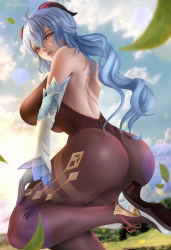 Rule 34 | 1girl, absurdres, ahoge, ass, bare shoulders, blue hair, bodysuit, breasts, detached sleeves, ganyu (genshin impact), genshin impact, gloves, goat horns, highres, horns, large breasts, leotard, long hair, looking at viewer, melowh, pantyhose, purple eyes, shiny clothes, sideboob, skin tight, solo, very long hair