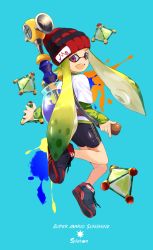 Rule 34 | 1girl, bad id, bad pixiv id, beanie, bike shorts, blue background, bomb, camouflage, copyright name, double vertical stripe, explosive, f.l.u.d.d., from behind, green hair, hat, highres, ink tank, ink tank (splatoon), inkling, inkling girl, inkling player character, jumping, layered clothes, layered sleeves, long hair, long sleeves, looking at viewer, looking back, mario (series), nintendo, no socks, open mouth, paint splatter, pointy ears, red eyes, shoes, short over long sleeves, short sleeves, smile, solo, splatoon (series), splatoon 1, super mario sunshine, tentacle hair, touzai (poppin phl95)