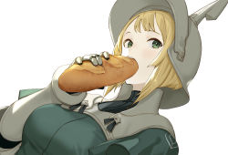 1girl, baguette, blonde hair, bob cut, bread, breasts, dutch angle, eating, food, gauntlets, green eyes, helmet, holding, holding food, inverted bob, km yama, looking at viewer, medium breasts, open mouth, original, picket with iron hat (km yama), simple background, solo, symbol commentary, upper body, white background