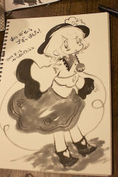Rule 34 | 10s, 1girl, 2011, :o, ankle boots, beige background, blush, boots, closed eyes, dated, dress, eyelashes, full body, hat, karaagetarou, komeiji koishi, long sleeves, looking at viewer, monochrome, open mouth, paper, photo (medium), pieeater, signature, simple background, sketch, skirt, sleeves past wrists, solo, string, touhou, traditional media, wide sleeves