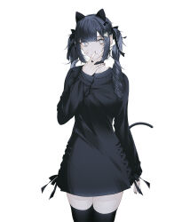 Rule 34 | 1girl, animal ears, bandaid, bandaid on face, black choker, black dress, black hair, black ribbon, black tail, blue eyes, blunt bangs, cat tail, choker, closed mouth, covering own mouth, cowboy shot, dress, fake animal ears, fov ps, hair ribbon, hand over own mouth, highres, long hair, looking at viewer, mole, mole under eye, mole under mouth, original, ribbon, short dress, simple background, smile, solo, tail, twintails, white background