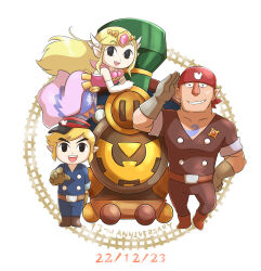 Rule 34 | 1girl, 2boys, :d, absurdres, alfonzo, anniversary, aogaeru (pixiv46613656), bandana, belt, black eyes, blonde hair, blue jacket, blue pants, boots, brown belt, brown footwear, brown gloves, brown pants, brown shirt, buttons, circlet, commentary request, dated, double-breasted, dress, gem, gloves, grin, hand up, hat, highres, jacket, link, locomotive, long hair, looking at viewer, multiple boys, nintendo, open mouth, pants, parted bangs, pink dress, pink gemstone, pointy ears, princess zelda, red bandana, red headwear, salute, shirt, short hair, short sleeves, simple background, sleeveless, sleeveless dress, smile, standing, steam locomotive, teeth, the legend of zelda, the legend of zelda: spirit tracks, toon link, toon zelda, upper teeth only, white background