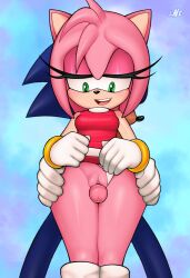 Rule 34 | 1boy, 1girl, amy rose, animal nose, bare shoulders, bracelet, breasts, clitoris, clothing aside, eyelashes, furry, furry with furry, gloves, green eyes, grinding, groin, half-closed eyes, hedgehog ears, highres, jewelry, loodncrood, looking down, open mouth, panties, panties aside, penis, precum, pussy, small breasts, snout, sonic (series), sonic the hedgehog, standing, teeth, thigh sex, thighs, uncensored, underwear, upper teeth only, white gloves, white panties