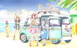 Rule 34 | 4girls, :3, ^ ^, animal, aqua legwear, aqua scrunchie, aqua shirt, beach, belt, blouse, blue footwear, blue hair, blue jacket, blue skirt, blue sky, blunt ends, boots, brown hair, car, closed eyes, closed mouth, cloud, cloudy sky, day, dog, facing viewer, from behind, from side, full body, green skirt, hair ornament, hair scrunchie, hanadera nodoka, hanadera yasuko, hand up, healin&#039; good precure, healing animal, high-waist skirt, hiramitsu hinata, holding, holding animal, holding dog, hood, hooded jacket, iedesan, jacket, latte (precure), lens flare, letterman jacket, light particles, loafers, long hair, long skirt, long sleeves, looking to the side, miniskirt, mother and daughter, motor vehicle, multiple girls, nyatoran (precure), ocean, palm tree, pegitan (precure), pink footwear, pink hair, pink skirt, precure, purple shirt, rabbit, rabirin (precure), sand, sawaizumi chiyu, scrunchie, shirt, shoes, short hair, side ponytail, sideways mouth, skirt, sky, smile, sneakers, socks, stretching, surfboard, tiger, tree, twintails, two-tone shirt, vehicle focus, vehicle request, walking, water, waves, white legwear, white shirt, white sleeves, yellow belt, yellow shirt, yellow skirt