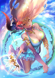 Rule 34 | absurdres, armlet, ass, bare shoulders, barefoot, beach, bikini, blonde hair, blue sky, bracelet, breasts, cleavage, cloud, commentary, dark-skinned female, dark skin, day, dragon horns, dress, english commentary, fairy, fairy wings, flying, hair ornament, heterochromia, highres, horns, jewelry, large breasts, lips, long hair, looking at viewer, lucy (bechoco), multiple girls, nail polish, necklace, ocean, orange hair, original, outdoors, short hair, sky, smile, sparkle, swimsuit, water, wings, yellow eyes