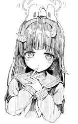 Rule 34 | 1girl, animal ears, blue archive, blush, fake animal ears, greyscale, halo, hands up, haruyukiko, highres, long hair, long sleeves, looking at viewer, miyu (blue archive), monochrome, neckerchief, parted lips, rabbit ears, school uniform, serafuku, simple background, solo, upper body, white background