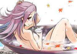 Rule 34 | 10s, 1girl, alcohol, arm up, breasts, cup, earrings, jewelry, jun&#039;you (kancolle), kantai collection, krono tokage, large breasts, leaf, long hair, nude, pink eyes, purple hair, sakazuki, sake, solo