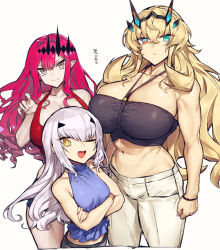 Rule 34 | 3girls, bandeau, bare shoulders, blonde hair, blue shirt, blue shorts, blush, breasts, brown eyes, cleavage, collarbone, crossed arms, barghest (fate), melusine (fate), baobhan sith (fate), fate/grand order, fate (series), forked eyebrows, green eyes, grey eyes, horns, huge breasts, large breasts, long hair, looking at viewer, melon22, multiple girls, muscular, muscular female, navel, one eye closed, open mouth, pants, pink hair, pointy ears, red tank top, shirt, shorts, sidelocks, skindentation, sleeveless, sleeveless shirt, small breasts, smile, tank top, thighs, translation request, white hair, white pants