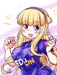 Rule 34 | artist logo, blonde hair, blue hairband, breasts, clenched hands, clothes writing, commentary request, dated, double bun, fletcher (kancolle), hair bun, hairband, j. league, kantai collection, kutone shirika, large breasts, long hair, purple eyes, purple shirt, sanfrecce hiroshima, shirt, soccer uniform, sportswear, upper body