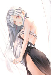 Rule 34 | 1girl, absurdres, ak-12 (girls&#039; frontline), ak-12 (quiet azure) (girls&#039; frontline), backless dress, backless outfit, bare shoulders, blush, breasts, curtain grab, curtains, dress, earrings, evening gown, from below, girls&#039; frontline, gonzz (gon2rix), head tilt, highres, jewelry, large breasts, long hair, looking at viewer, multicolored eyes, official alternate costume, parted lips, pink lips, side slit, sideboob, silver hair, solo, thighs