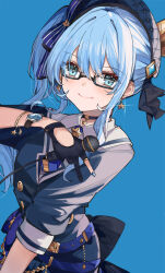 Rule 34 | 1girl, appleseed (appleseed art), ascot, belt, beret, black gloves, blue ascot, blue background, blue belt, blue eyes, blue hair, blue nails, bracelet, closed mouth, crown, earrings, glasses, gloves, hat, holding, holding microphone, hololive, hoshimachi suisei, jewelry, microphone, mini crown, partially fingerless gloves, side ponytail, simple background, smile, solo, star (symbol), star earrings, v, virtual youtuber, watch, wristwatch