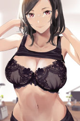Rule 34 | 1girl, arms up, bag, black bra, black hair, blurry, blurry background, bra, breasts, cleavage, clothes lift, collarbone, desk lamp, floral print, glasses, groin, hand in own hair, indoors, jewelry, lamp, large breasts, looking at viewer, medium hair, navel, necklace, original, plant, potted plant, purple eyes, shida (ddfd), shirt lift, sleeveless, smile, solo, tank top, underwear, upper body