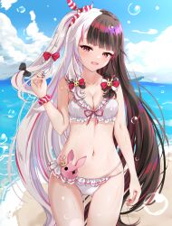 Rule 34 | 1girl, absurdres, beach, black hair, blunt bangs, bow, breasts, bubble, cleavage, day, hair bow, hand in own hair, highres, holding, holding own hair, looking at viewer, medium breasts, multicolored hair, navel, ncontrail (mgax7527), nijisanji, ocean, official alternate costume, open mouth, outdoors, red eyes, scrunchie, side ponytail, smile, solo, split-color hair, standing, striped clothes, striped scrunchie, swimsuit, thighs, virtual youtuber, white hair, yorumi rena, yorumi rena (7th costume)