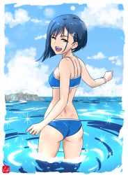 Rule 34 | 10s, 1girl, ass, bikini, blue bikini, blue hair, bracelet, chris re5, cloud, darling in the franxx, day, dimples of venus, from behind, green eyes, highres, ichigo (darling in the franxx), jewelry, looking at viewer, looking back, ocean, one eye closed, open mouth, outdoors, partially submerged, short hair, sky, smile, sparkle, splashing, swimsuit, taut clothes, taut swimsuit, wading, water, wet