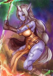 Rule 34 | 1girl, bare shoulders, blue skin, breasts, character name, colored skin, energy, holding, holding staff, horns, league of legends, long hair, long pointy ears, looking at viewer, low-tied long hair, parted lips, pelvic curtain, pointy ears, single horn, solo, soraka (league of legends), staff, ubanis, very long hair, white hair, yellow eyes
