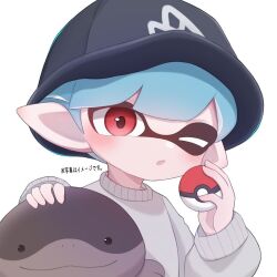 Rule 34 | 1boy, black headwear, blue hair, clodsire, closed mouth, commentary request, creatures (company), game freak, grey sweater, hat, highres, holding, holding poke ball, inkling, inkling boy, inkling player character, looking at viewer, male focus, medium hair, nintendo, one eye closed, open mouth, pointy ears, poke ball, poke ball (basic), pokemon, pokemon (creature), red eyes, sh f0y, simple background, sleeves past wrists, smile, splatoon (series), sweater, tentacle hair, translation request, upper body, white background