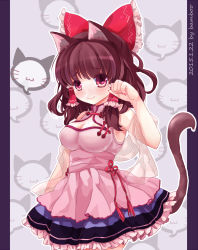 Rule 34 | 1girl, alternate costume, animal ears, armpits, artist name, bad id, bad pixiv id, bamboo (akimotoaki), blush, bow, breasts, brown hair, cat, cat ears, cat tail, cleavage, cleavage cutout, clothing cutout, dated, dress, fingernails, frilled skirt, frills, grey background, hair bow, hair tubes, hakurei reimu, highres, kemonomimi mode, large breasts, layered dress, long hair, looking at viewer, nail polish, paw pose, red eyes, shawl, skirt, smile, solo, tail, touhou