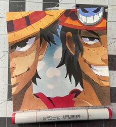 Rule 34 | 2boys, art tools in frame, black eyes, blue hair, crumsart, freckles, grin, hat, highres, looking at viewer, male focus, marker (medium), medium hair, monkey d. luffy, multiple boys, one piece, photo (medium), portgas d. ace, portrait, red shirt, scar, scar on face, shirt, short hair, sleeveless, sleeveless shirt, smile, smiley face, straw hat, traditional media