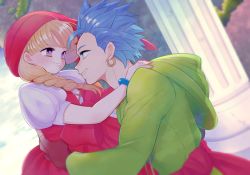 Rule 34 | 1boy, 1girl, bad id, bad pixiv id, blonde hair, blue eyes, bracelet, braid, camus (dq11), dragon quest, dragon quest xi, earrings, hat, jewelry, long hair, looking at another, purple eyes, smile, spiked hair, twin braids, veronica (dq11), yanagihara yume