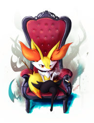 Rule 34 | 1girl, :3, absurdres, animal ear fluff, animal ears, animal hands, animal nose, artist name, black choker, black fur, body fur, braixen, chair, choker, creatures (company), crossed legs, dated, eryz, female focus, flat chest, fox ears, fox girl, fox tail, full body, furry, furry female, game freak, gen 6 pokemon, half-closed eyes, hand up, happy, highres, holding, looking at viewer, nintendo, open mouth, pokemon, pokemon (creature), red eyes, signature, sitting, smile, smoke, smoking, smoking pipe, snout, solo, stick, tail, thick thighs, thighs, throne, white background, white fur, yellow fur